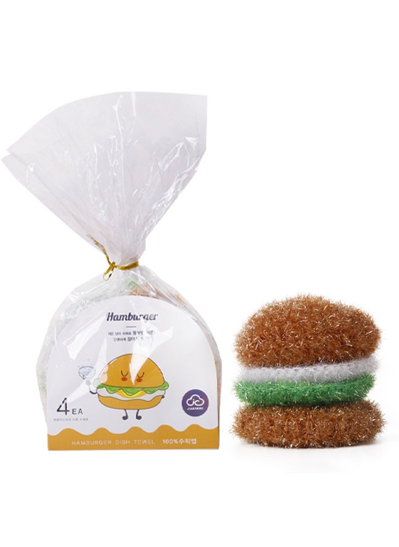 Korean Acrylic Dish Cloth Thick Flower Sponge Scrubber Hamburger-shaped 4-piece bag