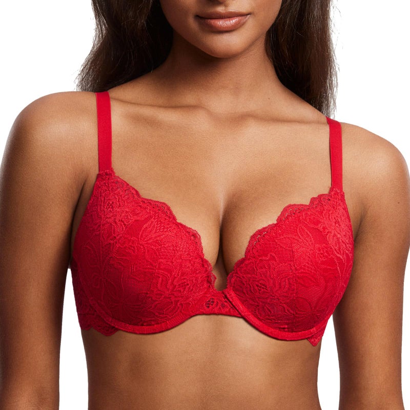 DOBREVA Women's Push Up Lace Bra Underwire Plunge Full Coverage Bras Sexy Plus Size Support Lipstick Red 36B - Image 1