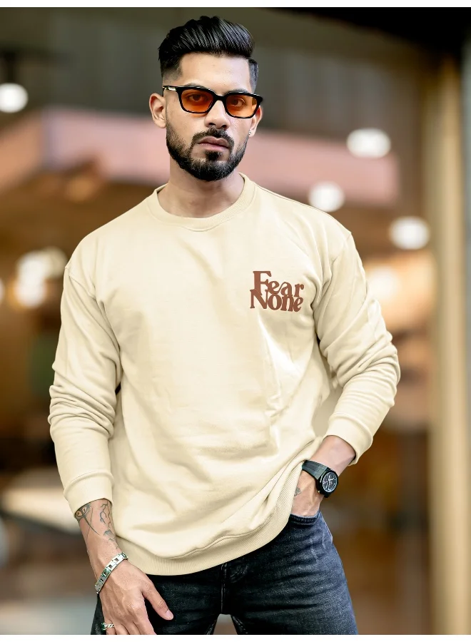 Maniac Mens Printed Round Neck Full Sleeve Beige and Brown FleeceFleece Oversized Sweatshirt