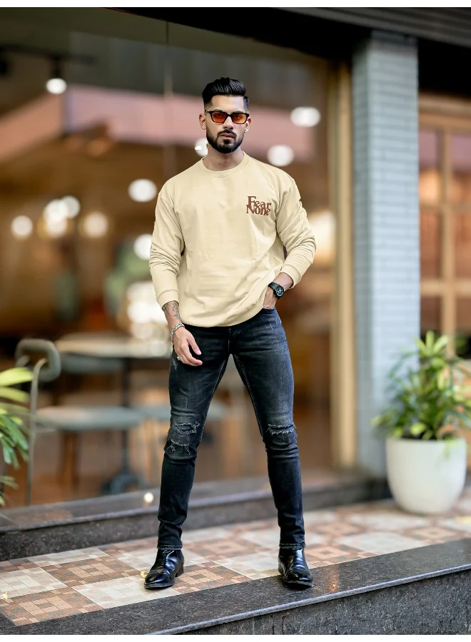 Maniac Mens Printed Round Neck Full Sleeve Beige and Brown FleeceFleece Oversized Sweatshirt