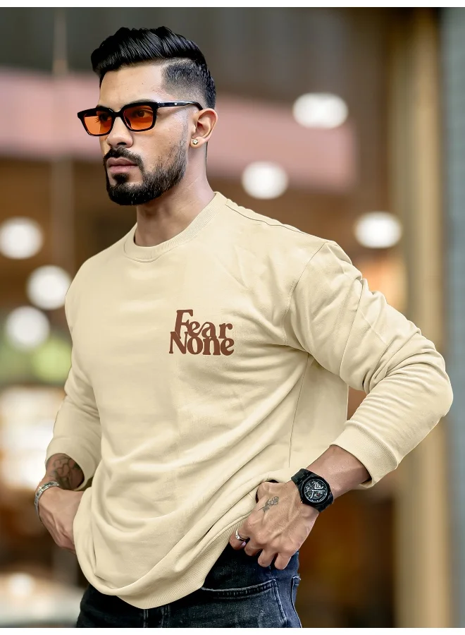 Maniac Mens Printed Round Neck Full Sleeve Beige and Brown FleeceFleece Oversized Sweatshirt