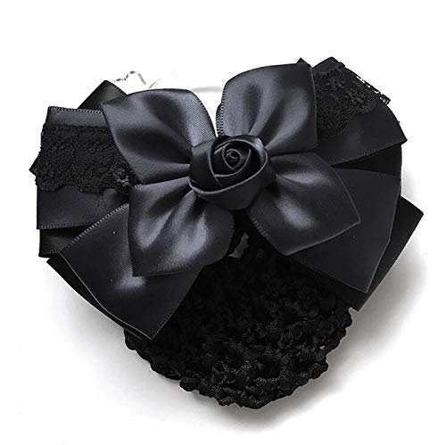Natuworld Women Hair Bun Cover Net Snood Hairnet Bowknot Decor Satin Bow Barrette French Hair Clip Bow Ribbon Flower Hair Accessories For Stewardess Banks Hotels Restaurant Staff (Black) - Image 2