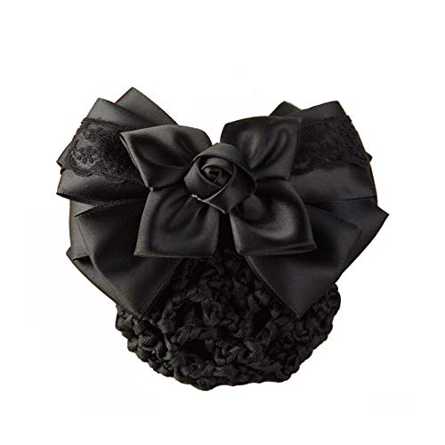 Natuworld Women Hair Bun Cover Net Snood Hairnet Bowknot Decor Satin Bow Barrette French Hair Clip Bow Ribbon Flower Hair Accessories For Stewardess Banks Hotels Restaurant Staff (Black) - Image 1