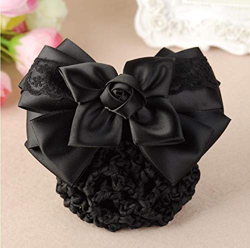 Natuworld Women Hair Bun Cover Net Snood Hairnet Bowknot Decor Satin Bow Barrette French Hair Clip Bow Ribbon Flower Hair Accessories For Stewardess Banks Hotels Restaurant Staff (Black) - Image 5