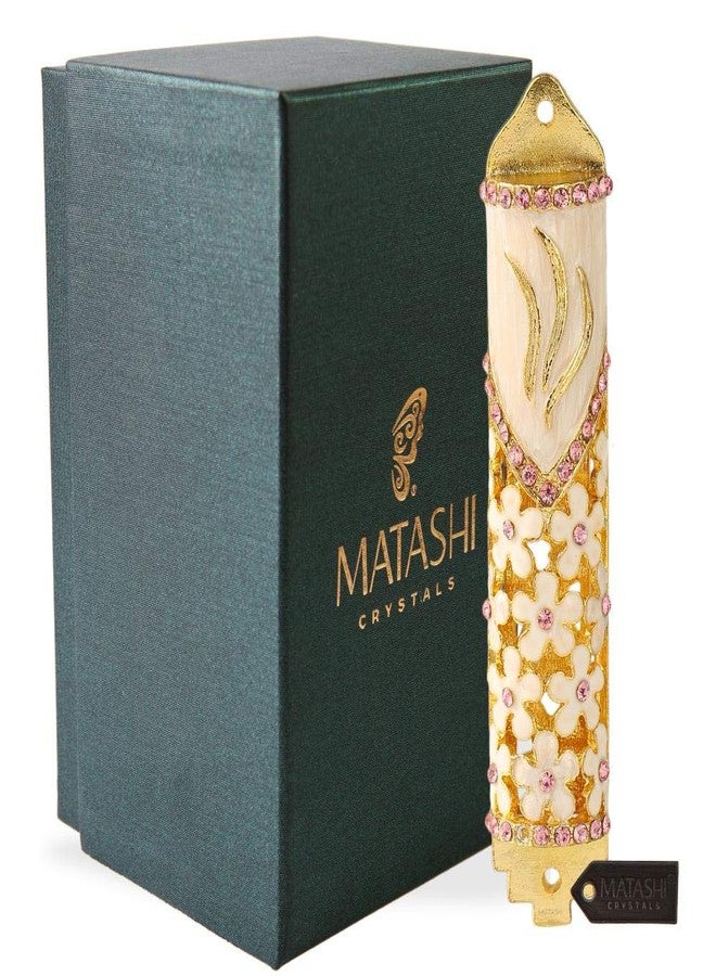 Matashi 4.25" Hand Painted Mezuzah Embellished with Floral Design for Door - Enamel Mezuzah with Scroll - Image 1