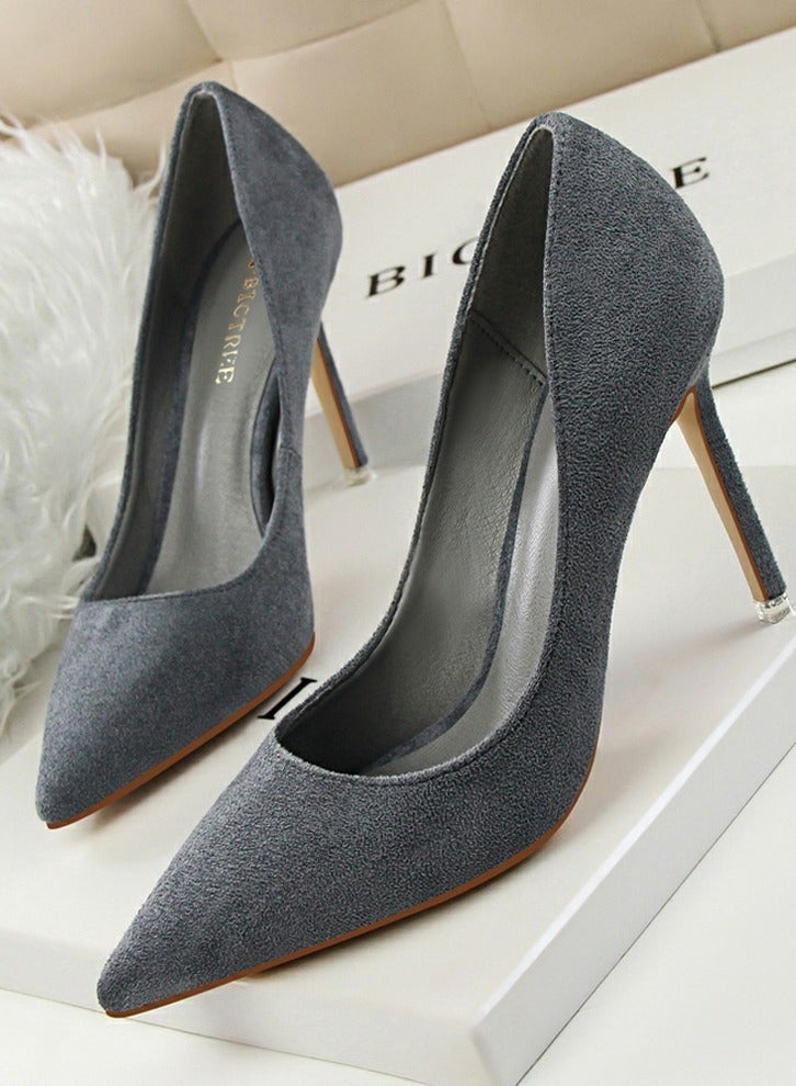 BIGTREE Women's Elegant Coral Velvet Stiletto Pumps 9 CM Fashion Gorgeous Closed Pointed Toe Slip On Solid High Heels Gray - Image 1