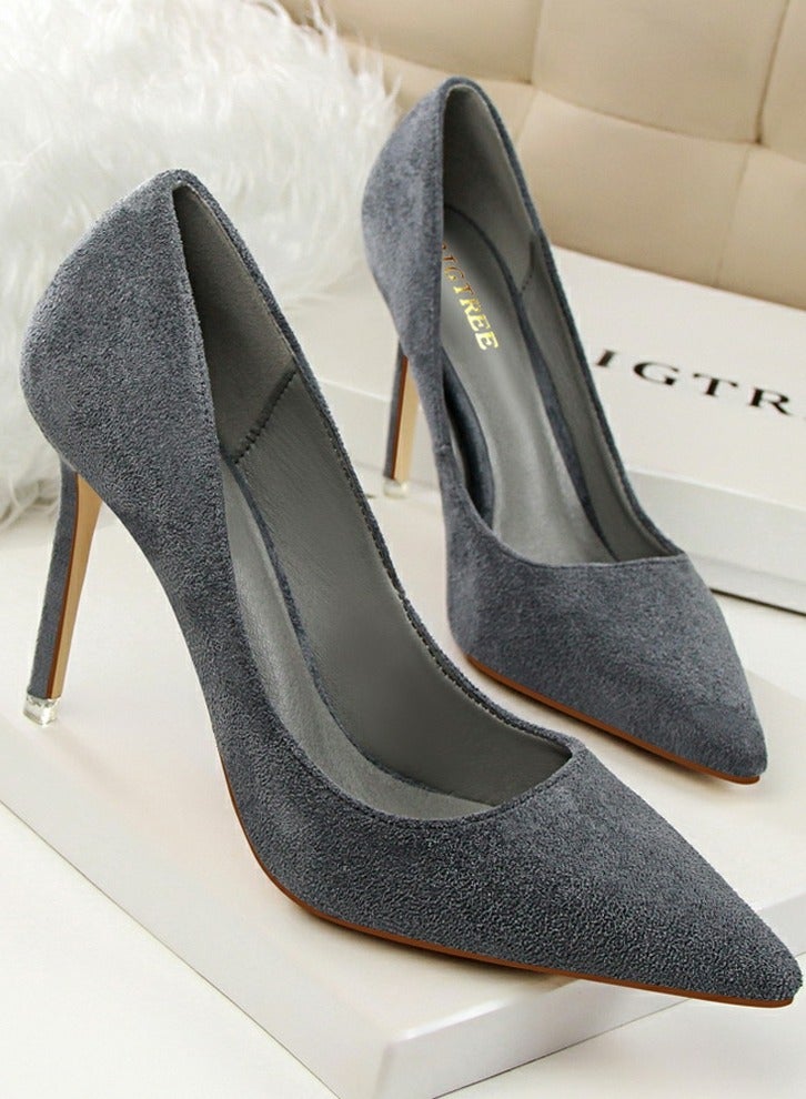 BIGTREE Women's Elegant Coral Velvet Stiletto Pumps 9 CM Fashion Gorgeous Closed Pointed Toe Slip On Solid High Heels Gray - Image 2