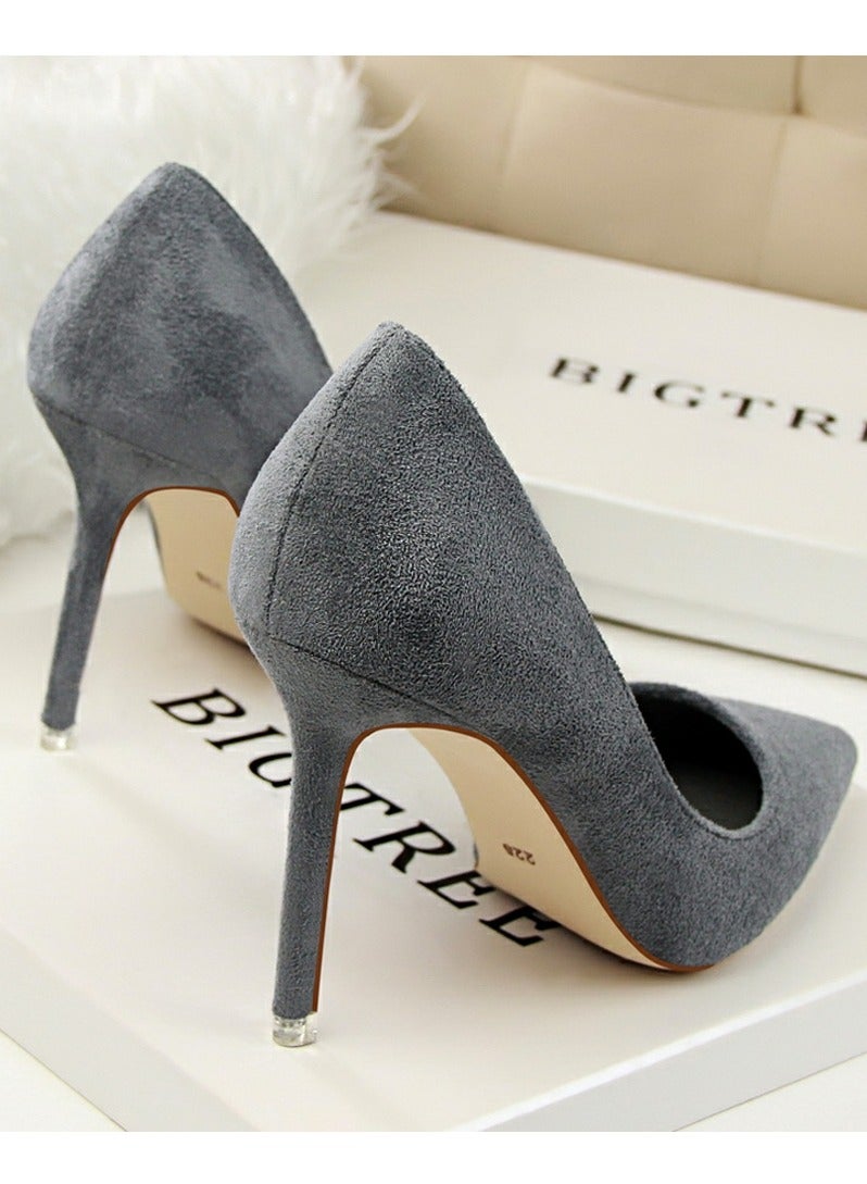 BIGTREE Women's Elegant Coral Velvet Stiletto Pumps 9 CM Fashion Gorgeous Closed Pointed Toe Slip On Solid High Heels Gray - Image 3