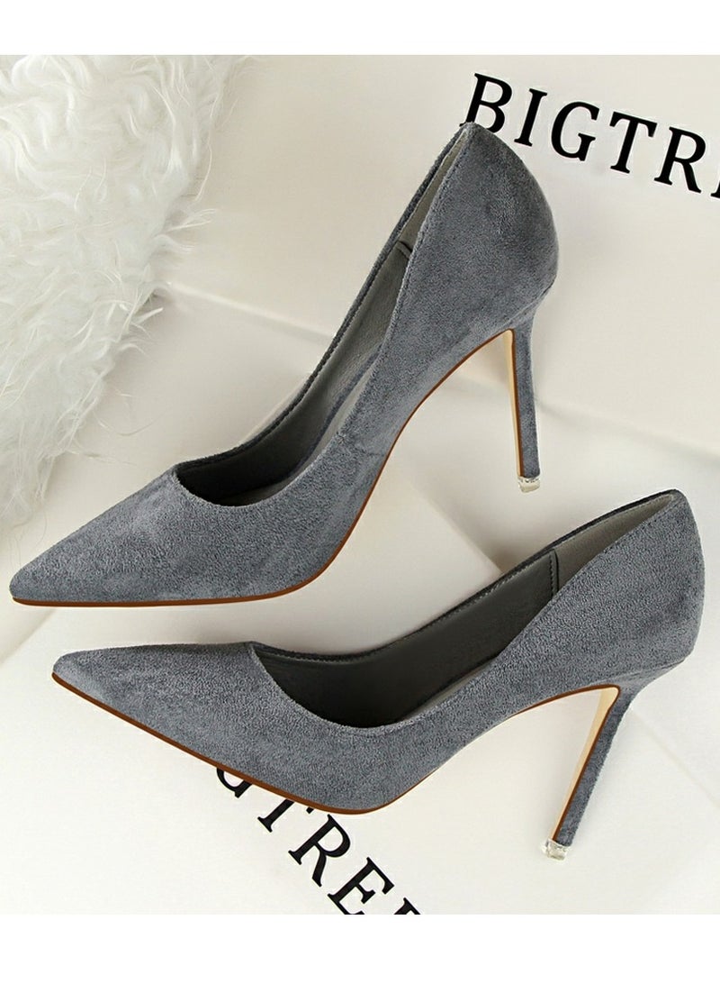 BIGTREE Women's Elegant Coral Velvet Stiletto Pumps 9 CM Fashion Gorgeous Closed Pointed Toe Slip On Solid High Heels Gray - Image 4