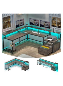 Shaped Desk with Power Outlet  LED Strip  Reversible L Shaped Corner Computer Desks Gaming Desk with Storage Shelf  Monitor Stand Modern Home Office Desk Writing Desk Modular Dombination Desk