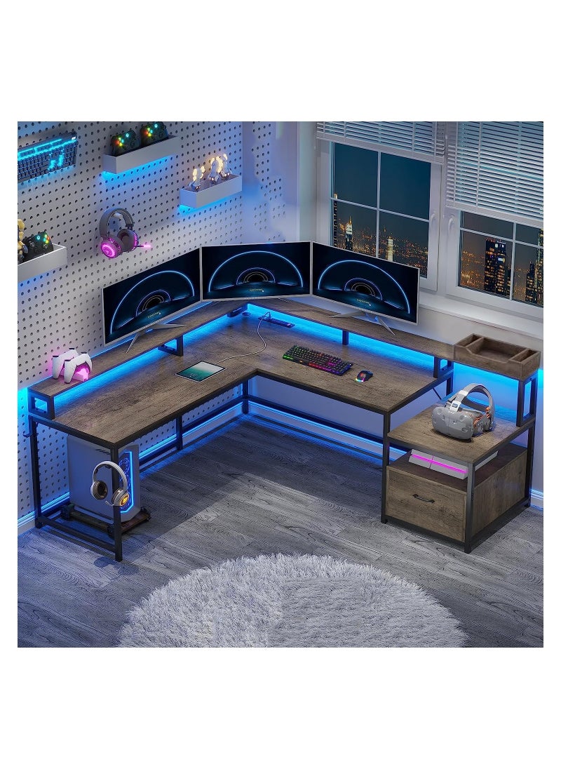 Royal Polar - Shaped Desk with Power Outlet  LED Strip  Reversible L Shaped Corner Computer Desks Gaming Desk with Storage Shelf  Monitor Stand Modern Home Office Desk Writing Desk Modular Dombination Desk - Image 1