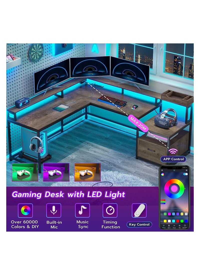 Royal Polar - Shaped Desk with Power Outlet  LED Strip  Reversible L Shaped Corner Computer Desks Gaming Desk with Storage Shelf  Monitor Stand Modern Home Office Desk Writing Desk Modular Dombination Desk - Image 1