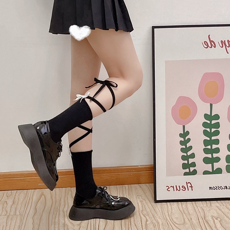 Japanese Style Personality Pure Girl Hot Girl Cute Bow Tie Cuff Socks Cotton Mid-tube Socks Slim Look Fashionable Socks - Image 5