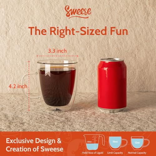 Sweese 12.5oz Borosilicate Glass Coffee Mugs Set of 4 - Double Walled, Clear Cups for Espresso, Latte, Tea - Image 2