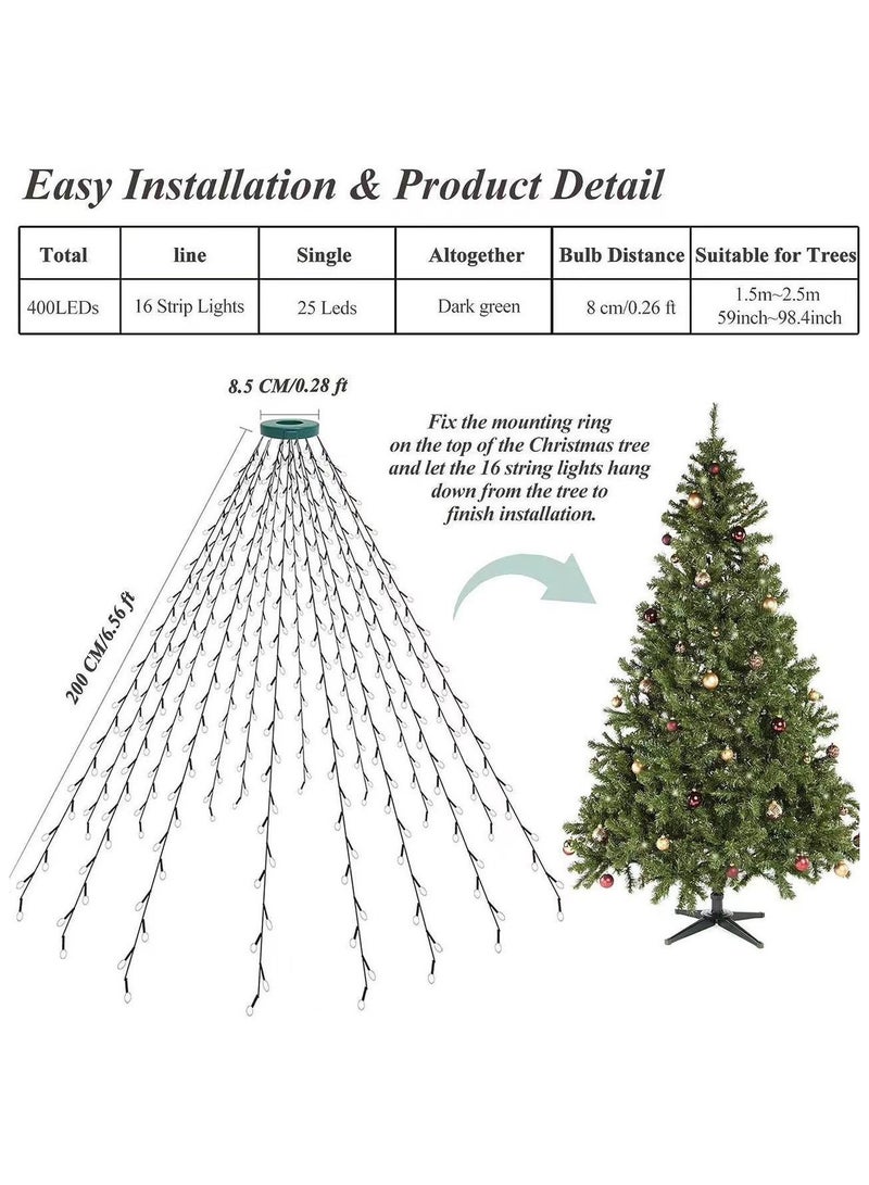 AUTOYSUR Christmas Tree Decorations Lights,2M 400 LEDs Christmas Fairy Lights Waterproof USB Powered Xmas Tree String Lights Tree Waterfall String Lights with Remote for Party Yard Decor-Warm - Image 4