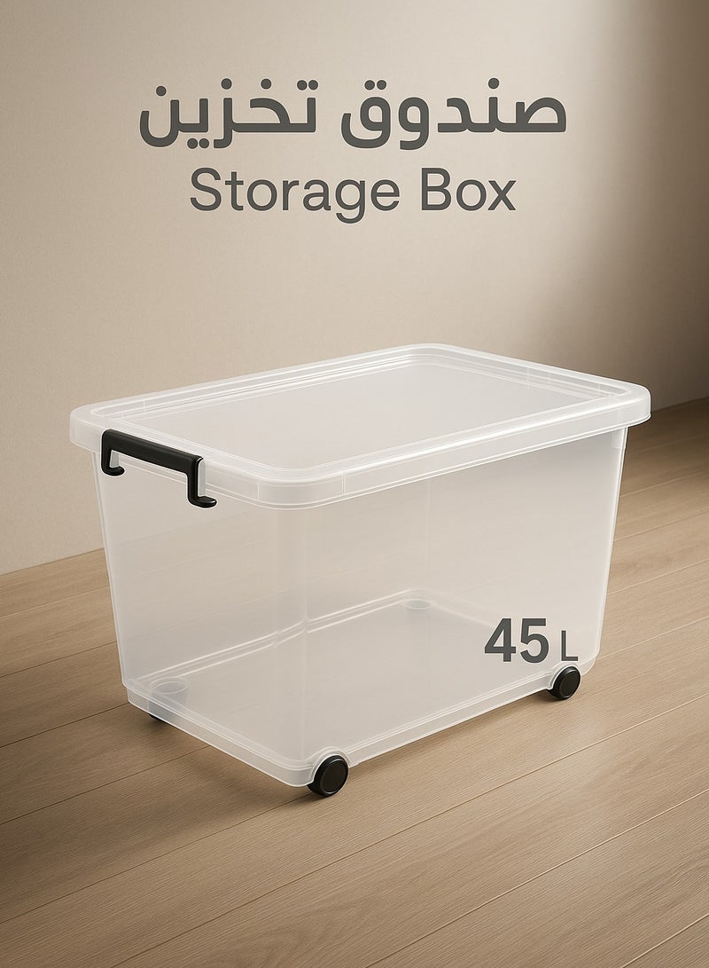 ALMUFARREJ Multipurpose Clear Plastic Storage Box with Wheels and Lockable Lid 45L Clear/Black