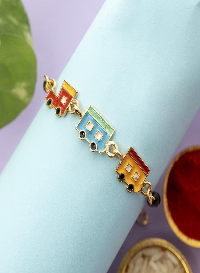 DECORATIVE BUCKETS | Cute Train Rakhi for Kids Brother | Kids Rakhi with Roli Chawal & Greeting Card - Image 3