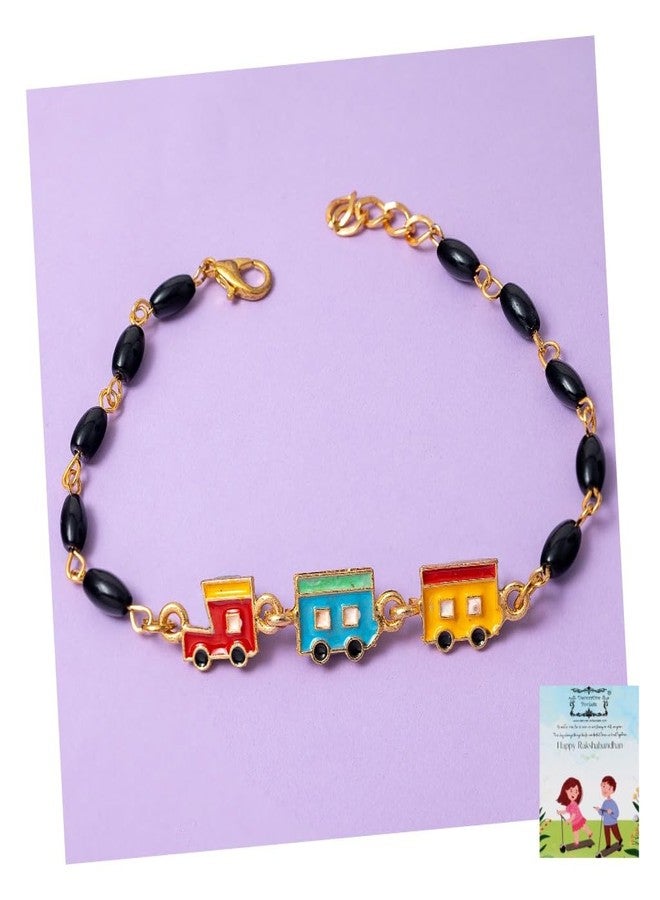 DECORATIVE BUCKETS | Cute Train Rakhi for Kids Brother | Kids Rakhi with Roli Chawal & Greeting Card - Image 1