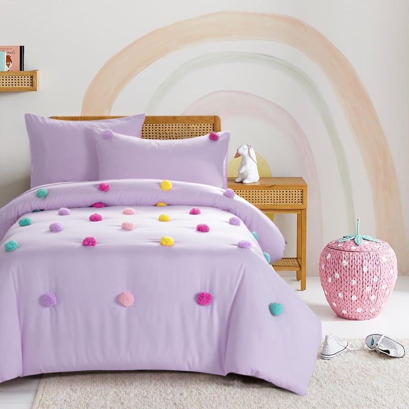 HOMBYS HOMBYS Pom Poms Bedding Comforter Set for Girls 5 Piece Purple Boho Kids Comforter Set for All SeasonTwinTwin XL Size