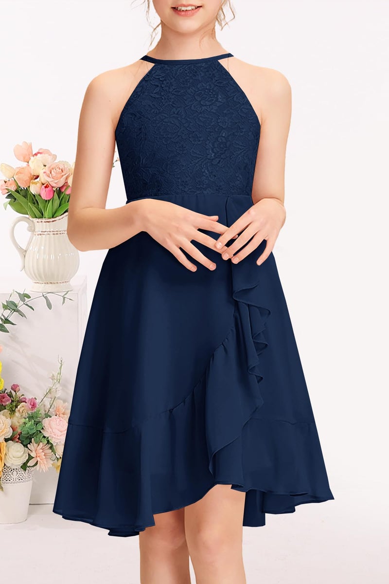 MITILLY Girls Elegant Semi Formal Dress Halter Neck Cotillion Wedding Guest School Dance Prom Cocktail Dressy Dresses 10 Years Navy Blue - Image 2