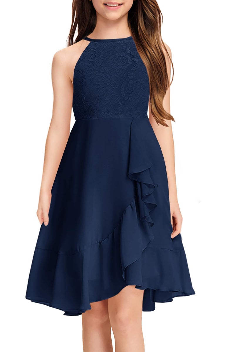 MITILLY Girls Elegant Semi Formal Dress Halter Neck Cotillion Wedding Guest School Dance Prom Cocktail Dressy Dresses 10 Years Navy Blue - Image 1