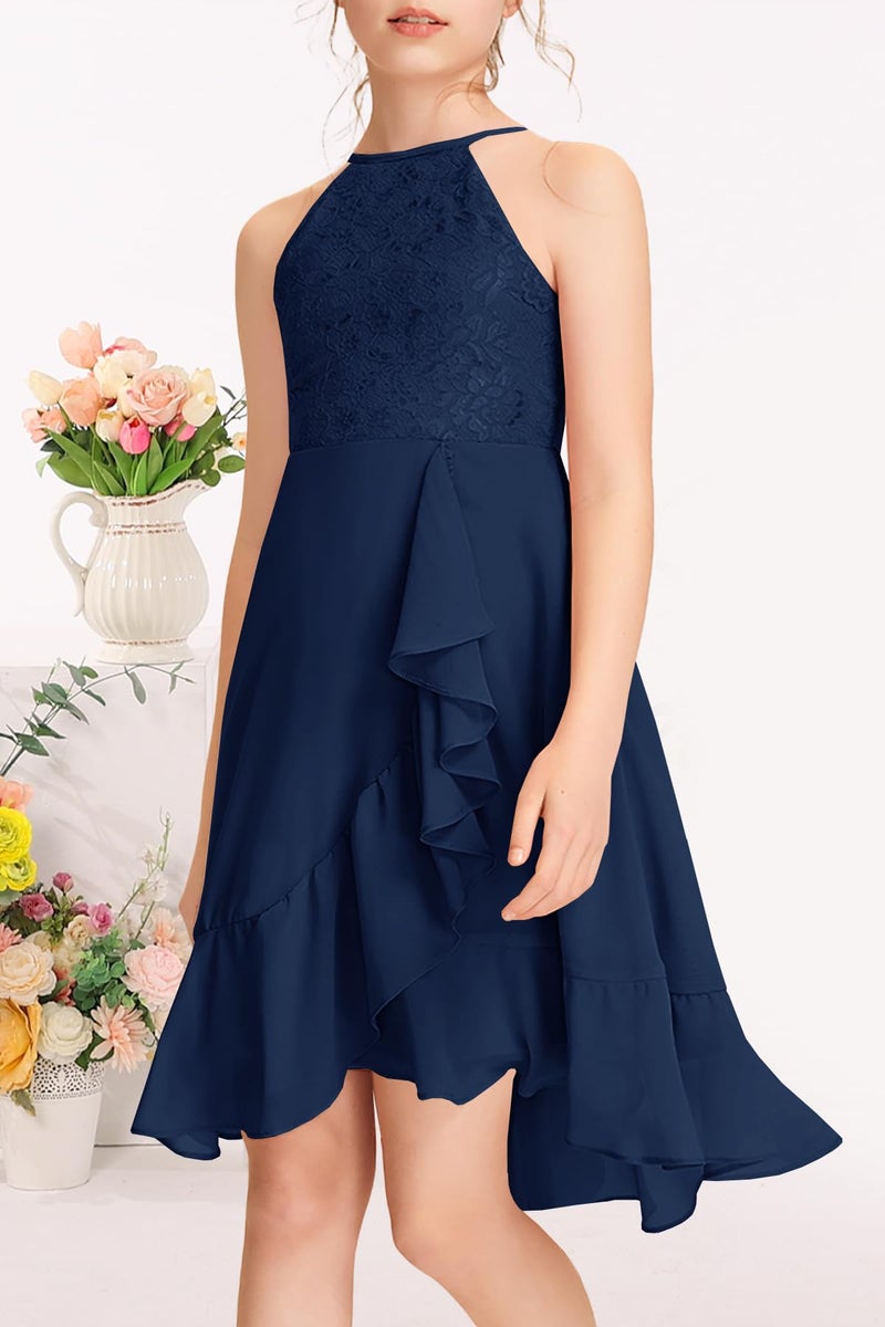 MITILLY Girls Elegant Semi Formal Dress Halter Neck Cotillion Wedding Guest School Dance Prom Cocktail Dressy Dresses 10 Years Navy Blue - Image 3