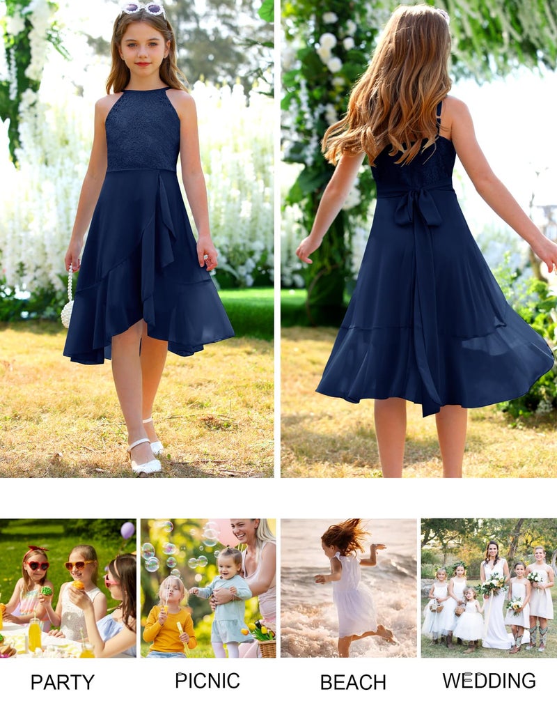 MITILLY Girls Elegant Semi Formal Dress Halter Neck Cotillion Wedding Guest School Dance Prom Cocktail Dressy Dresses 10 Years Navy Blue - Image 5