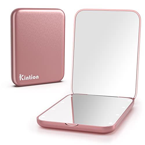 Kintion Pocket Mirror, 1X/3X Magnification LED Compact Travel Makeup Mirror with Light for Purse, 2-Sided, Portable, Folding, Handheld, Small Lighted Mirror for Gift, Rose Gold - Image 1