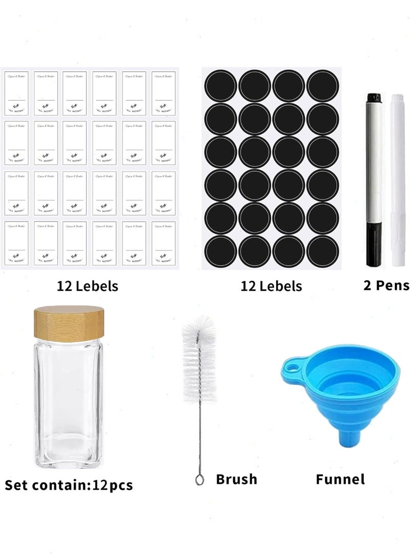 Yoawllty Spice Jars with Labels 12 Pcs - 4 oz Glass Spice Jars with Bamboo Lids, 120 Labels Stickers, Shaker Lids, Collapsible Funnel, 2 Pens, Seasoning Storage Bottles for Spice Rack, Cabinet, Drawer - Image 4