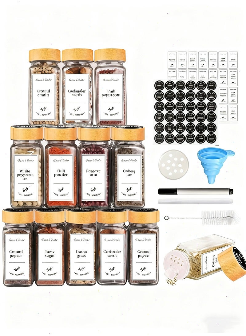 Yoawllty Spice Jars with Labels 12 Pcs - 4 oz Glass Spice Jars with Bamboo Lids, 120 Labels Stickers, Shaker Lids, Collapsible Funnel, 2 Pens, Seasoning Storage Bottles for Spice Rack, Cabinet, Drawer - Image 1