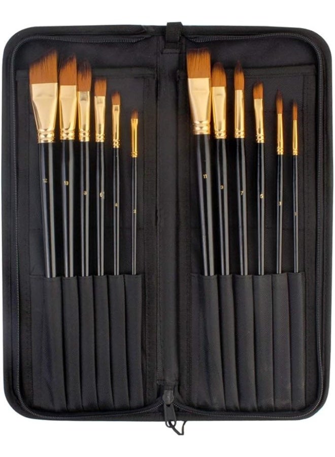 Terabyte Set of 12 Professional & Exclusive Fine Art Long Handled Premium Paint Brush Set + Zippered Carry Bag with Pop Up Stand for Oil Acrylic Watercolor Painting - Image 1