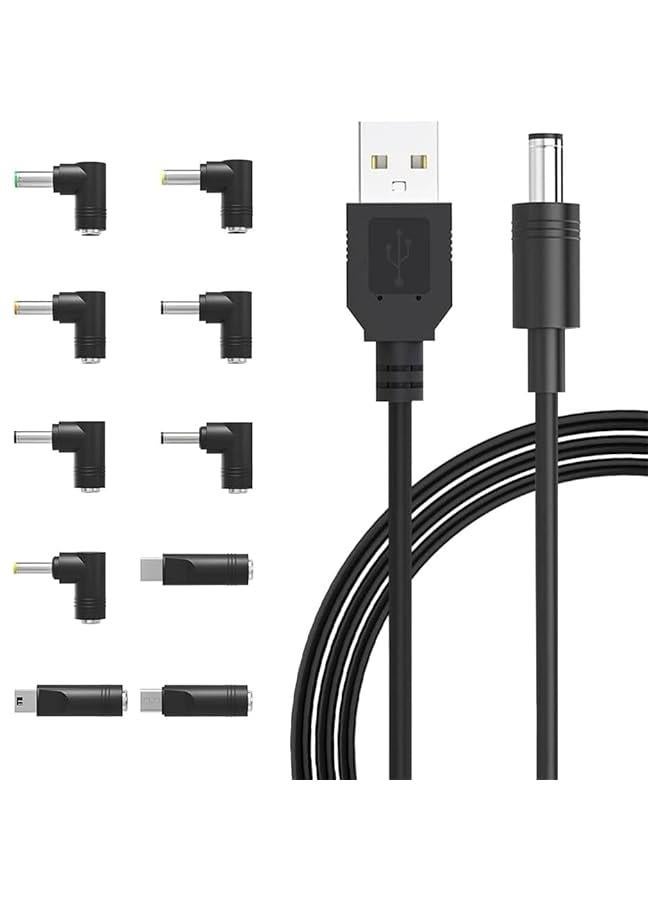 Universal 5V USB to DC 5V Power Cord 5.5 2.1 mm Plug Connector Tip Jack Charging Cable with 10 Connector Tips