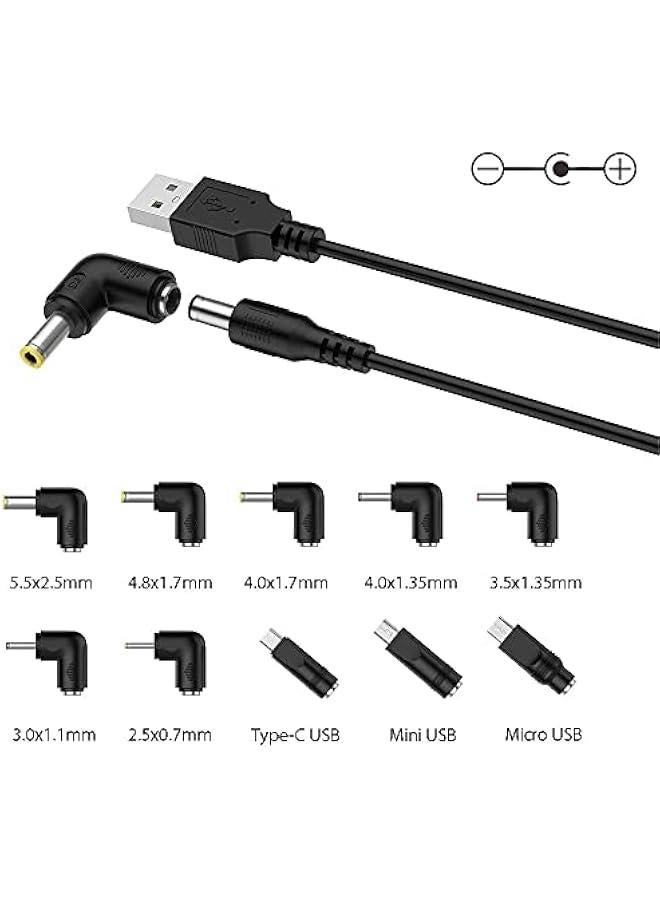 Universal 5V USB to DC 5V Power Cord 5.5 2.1 mm Plug Connector Tip Jack Charging Cable with 10 Connector Tips