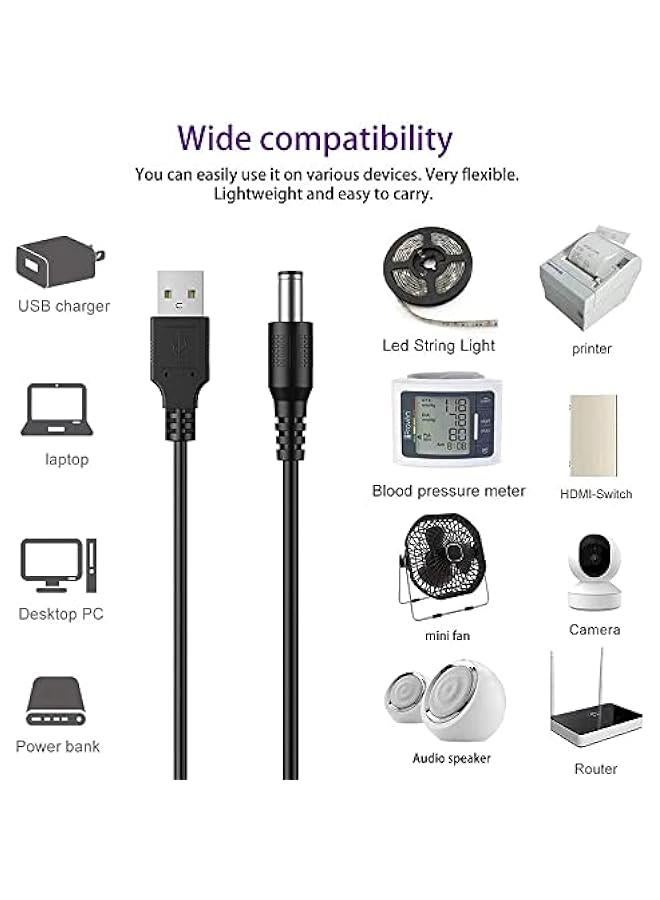 Universal 5V USB to DC 5V Power Cord 5.5 2.1 mm Plug Connector Tip Jack Charging Cable with 10 Connector Tips