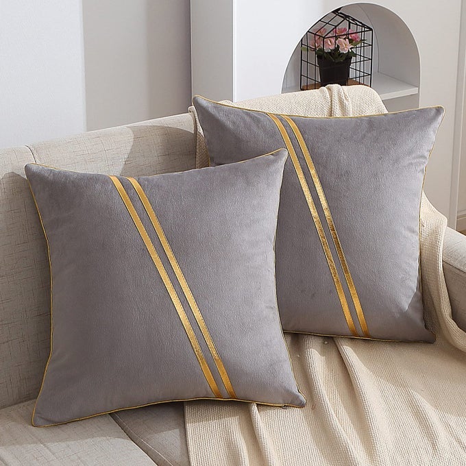PACK OF 2 GOLD THROW PILLOW COVERS SOFT DECORATIVE LUXURY VELVET CUSHION COVERS PILLOW CASES WITH GOLD LEATHER FOR SOFA BEDROOM LIVINGROOM CAR 18 X 18 IN GREY