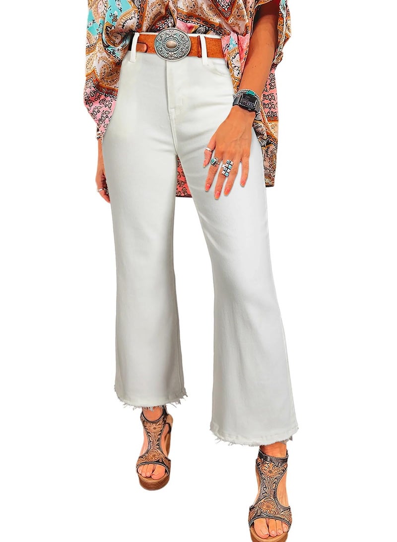 Astylish Women Wide Leg Jeans High Waisted Stretchy Flare Leg Ankle Jeans Baggy Raw Hem Denim Pants Size 6 White - Image 1