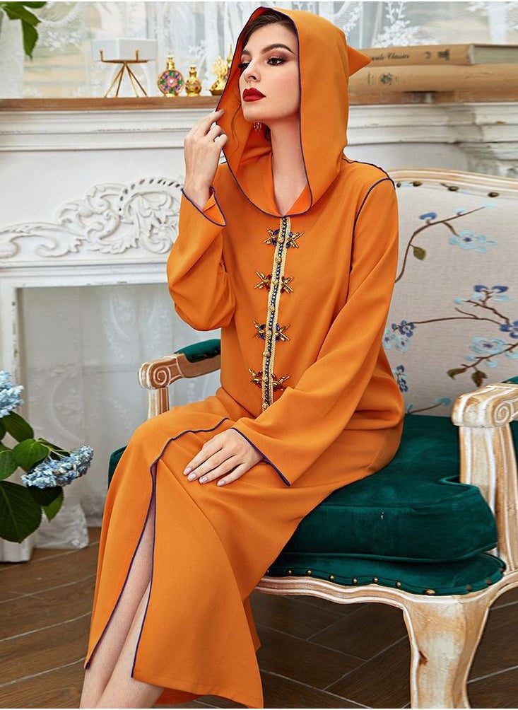 يوني - ثوب عباية برتقالي مخيط يدويا بغطاء للرأس - Image 1