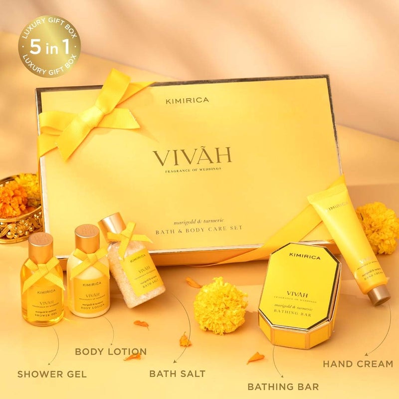 Kimirica Vivah Experience Wedding gift set for couple| Uniquely Crafted Wedding Gifts contains Body wash, Body Lotion, Bath Salt, Bathing bar and Hand cream | Luxuriously Scented Marigold & Turmeric | perfect Gifts for Wedding | 5 Piece Gift Hamper - Image 2