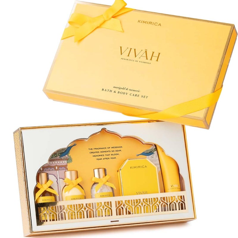 Kimirica Vivah Experience Wedding gift set for couple| Uniquely Crafted Wedding Gifts contains Body wash, Body Lotion, Bath Salt, Bathing bar and Hand cream | Luxuriously Scented Marigold & Turmeric | perfect Gifts for Wedding | 5 Piece Gift Hamper - Image 1