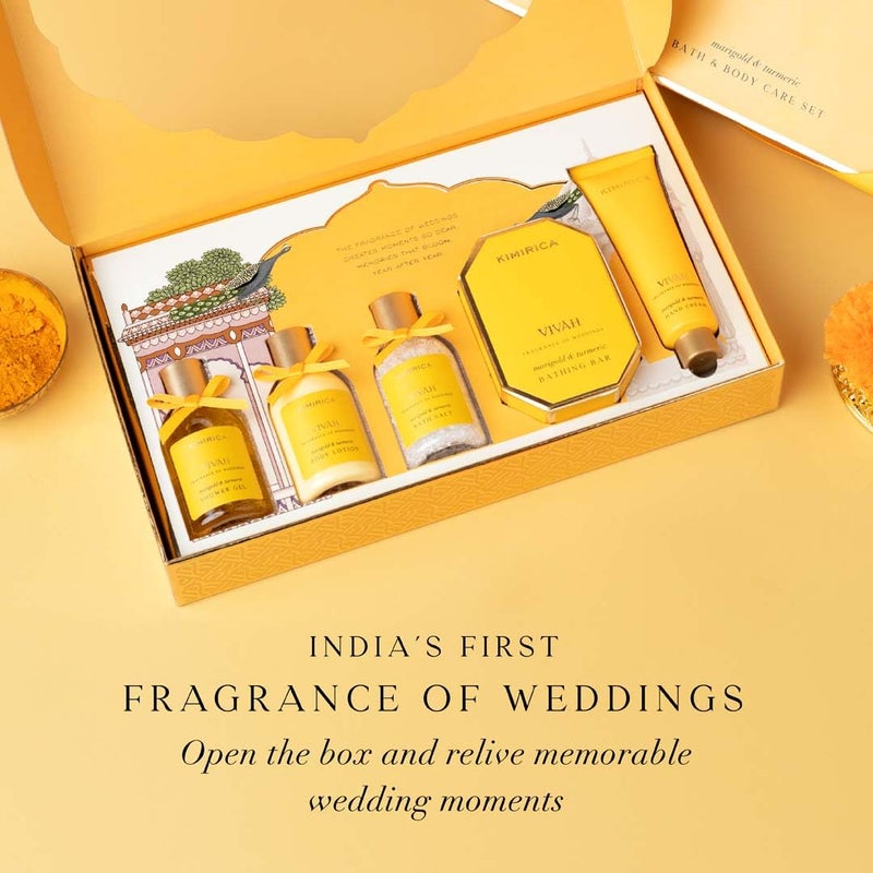 Kimirica Vivah Experience Wedding gift set for couple| Uniquely Crafted Wedding Gifts contains Body wash, Body Lotion, Bath Salt, Bathing bar and Hand cream | Luxuriously Scented Marigold & Turmeric | perfect Gifts for Wedding | 5 Piece Gift Hamper - Image 4