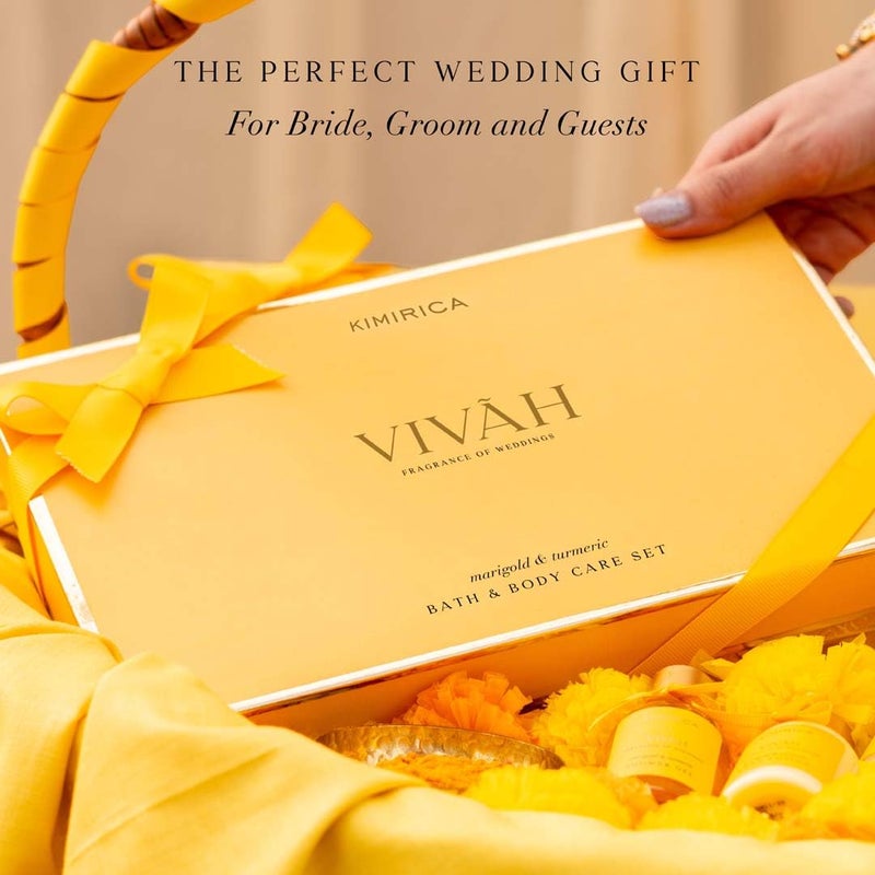Kimirica Vivah Experience Wedding gift set for couple| Uniquely Crafted Wedding Gifts contains Body wash, Body Lotion, Bath Salt, Bathing bar and Hand cream | Luxuriously Scented Marigold & Turmeric | perfect Gifts for Wedding | 5 Piece Gift Hamper - Image 3