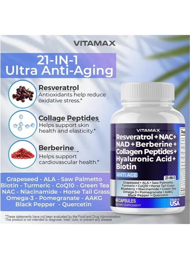 Vitamax Resveratrol NAD+ Berberine Hyaluronic Acid - Biotin Grape & Blueberry + NAC - Collagen Peptides - 21-in-1 Supplement -  60 Count - Image 5