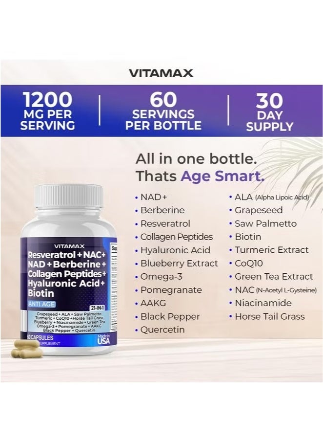 Vitamax Resveratrol NAD+ Berberine Hyaluronic Acid - Biotin Grape & Blueberry + NAC - Collagen Peptides - 21-in-1 Supplement -  60 Count - Image 2