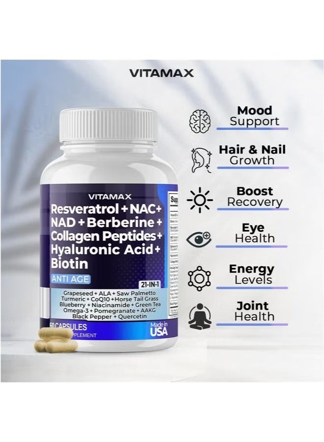 Vitamax Resveratrol NAD+ Berberine Hyaluronic Acid - Biotin Grape & Blueberry + NAC - Collagen Peptides - 21-in-1 Supplement -  60 Count - Image 3