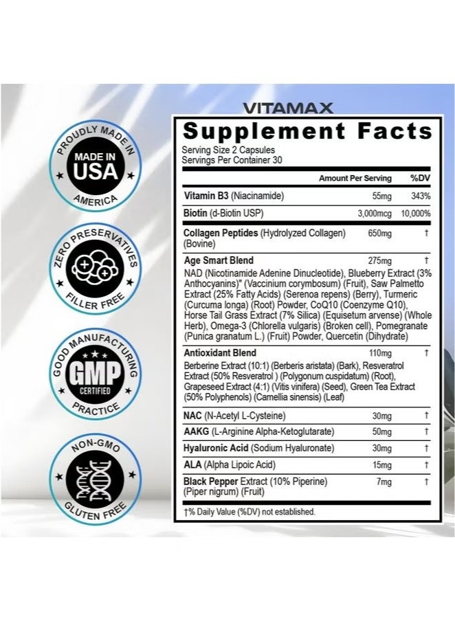 Vitamax Resveratrol NAD+ Berberine Hyaluronic Acid - Biotin Grape & Blueberry + NAC - Collagen Peptides - 21-in-1 Supplement -  60 Count - Image 4