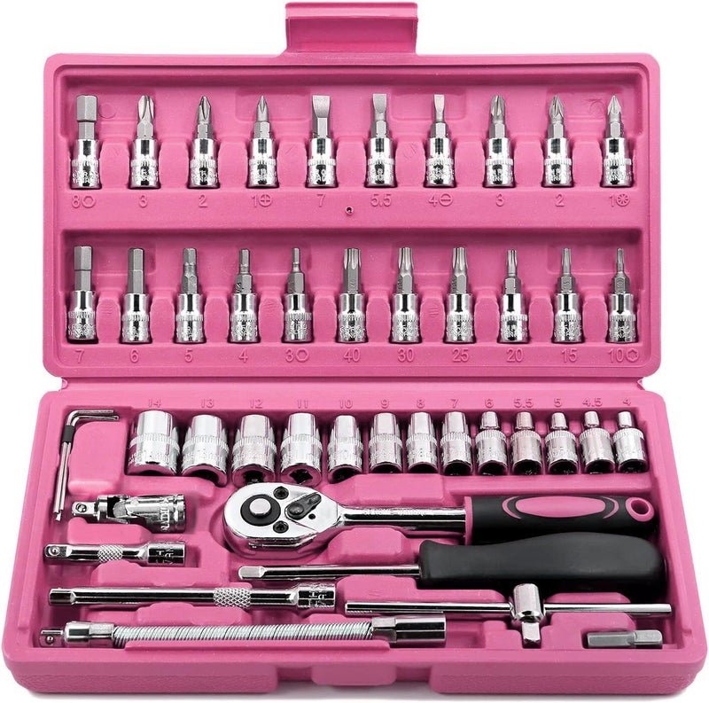 Egofine 46 Pieces 14 inch Drive Socket Ratchet Wrench Set with Bit Socket Set Metric and Extension Bar for Auto Repairing and Household with Pink Storage Case - Image 2