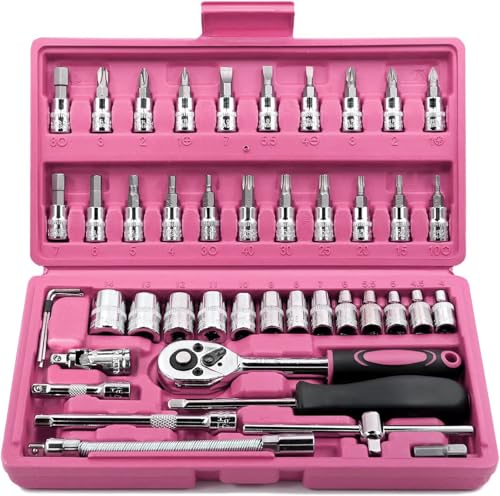 Egofine 46 Pieces 14 inch Drive Socket Ratchet Wrench Set with Bit Socket Set Metric and Extension Bar for Auto Repairing and Household with Pink Storage Case - Image 1