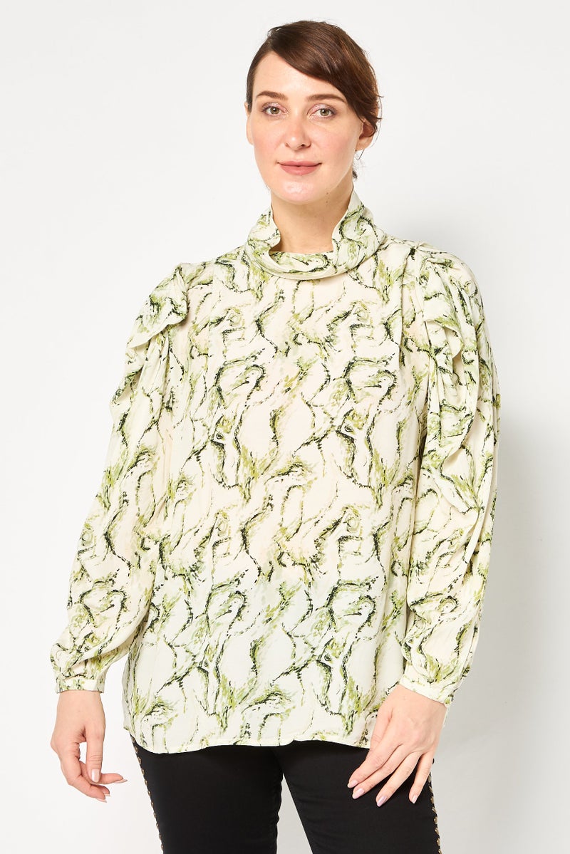 SELECTED Women Mock Neck Long Sleeves Allover Print Blouse, Multicolor - Image 1