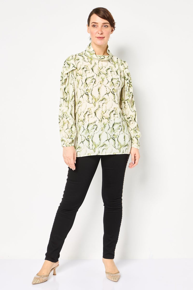 SELECTED Women Mock Neck Long Sleeves Allover Print Blouse, Multicolor - Image 2