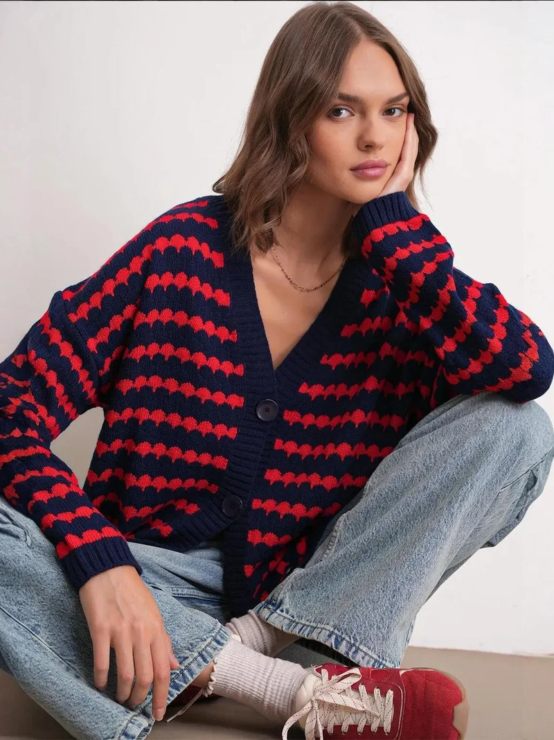 ميكسراي كارديجان محبوك مضلع واسع بأزرار وخطوط ميكسراي